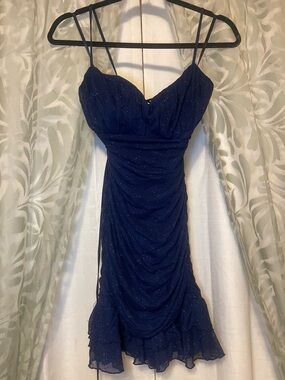Navy Sparkle Ruched Spaghetti Strap Dress